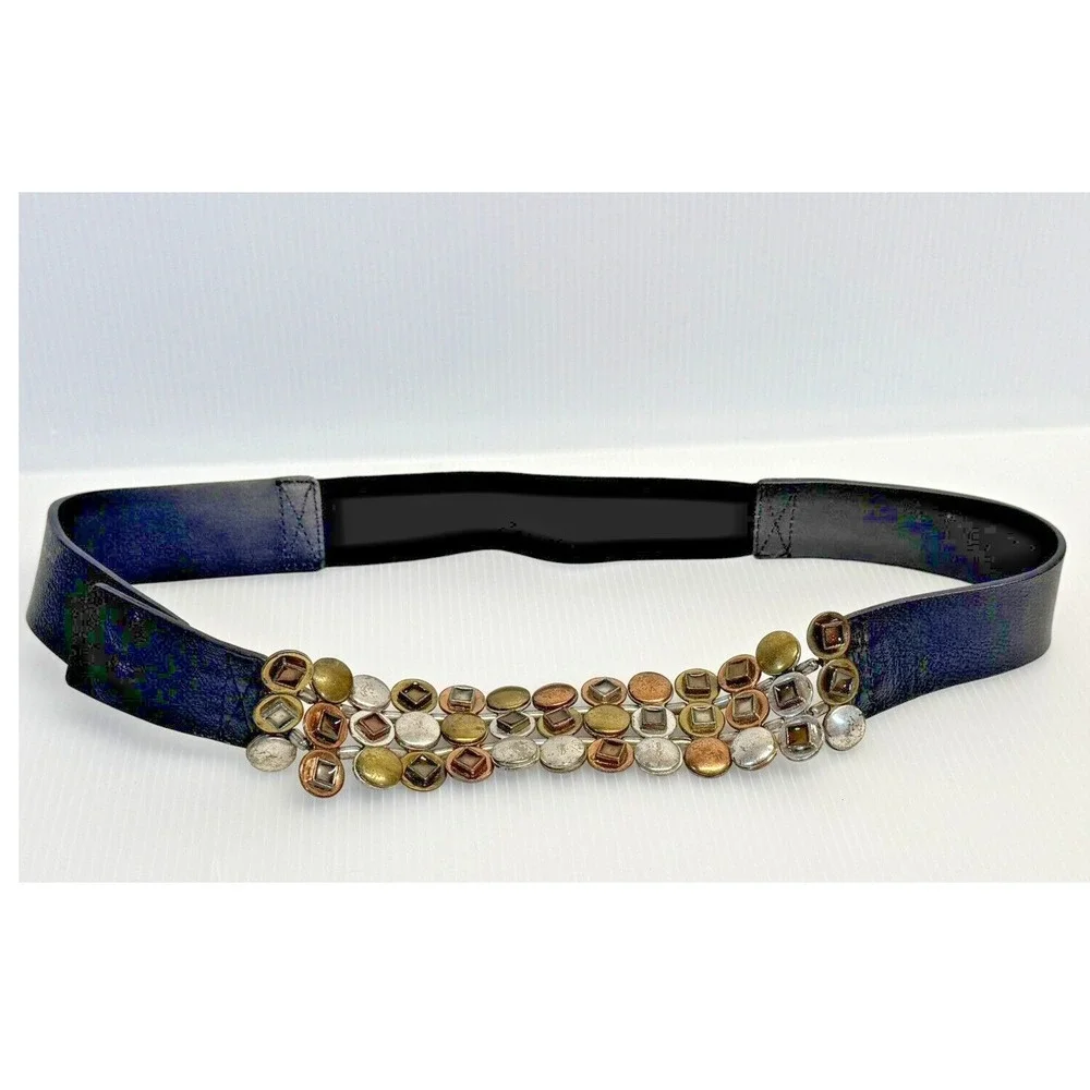 Chico's Medallion Belt Womens M Navy Blue Mixed Metal Studded Boho Cinch Leather